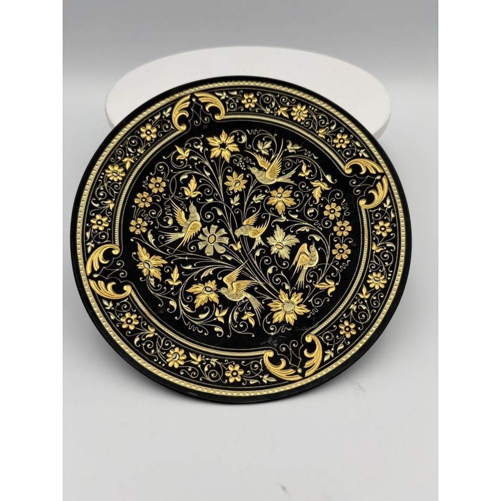 Black & Gold Damascene Small Footed Dish 5-1/2" Folk Art Toledo Spain Vintage